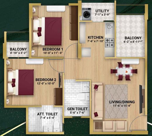 Pacifica Bliss Towers 2 BHK floor plan (593 sq.ft. RERA carpet)