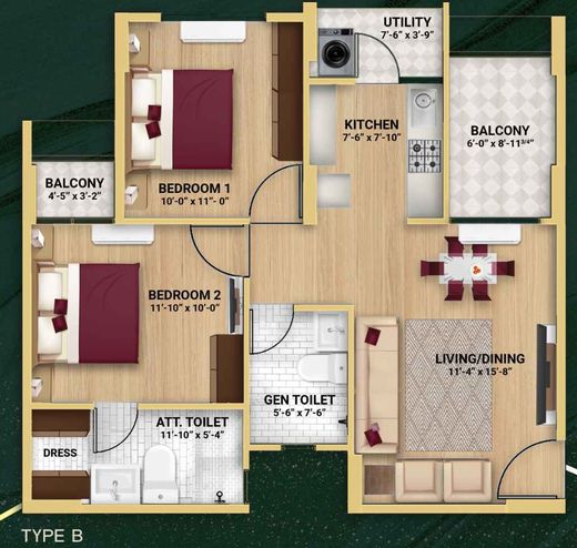 Pacifica Bliss Towers 2 BHK floor plan (615 sq.ft. RERA carpet)