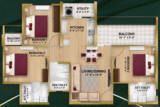 Pacifica Bliss Towers 3 BHK floor plan (770 sq.ft. RERA carpet)