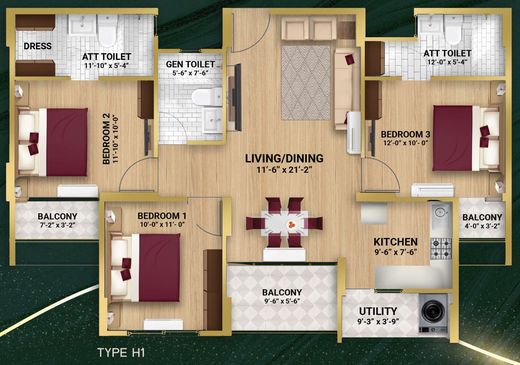 Pacifica Bliss Towers 3 BHK floor plan (867 sq.ft. RERA carpet)