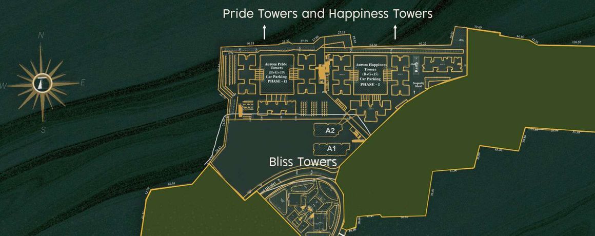 Pacifica Aurum site plan showing Bliss Towers A1 & A2 next to Pride Towers and Happiness Towers